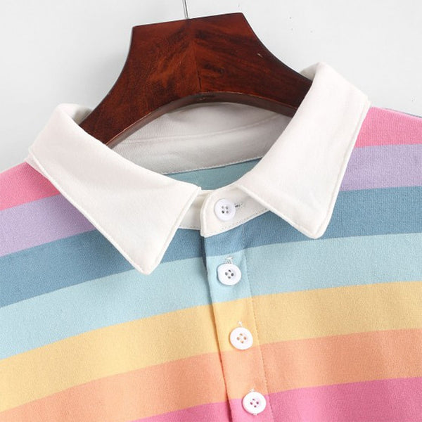 QRWR 2020 Polo Shirt Women Sweatshirt Long Sleeve Rainbow Color Ladies Hoodies With Button Striped Korean Style Sweatshirt Women