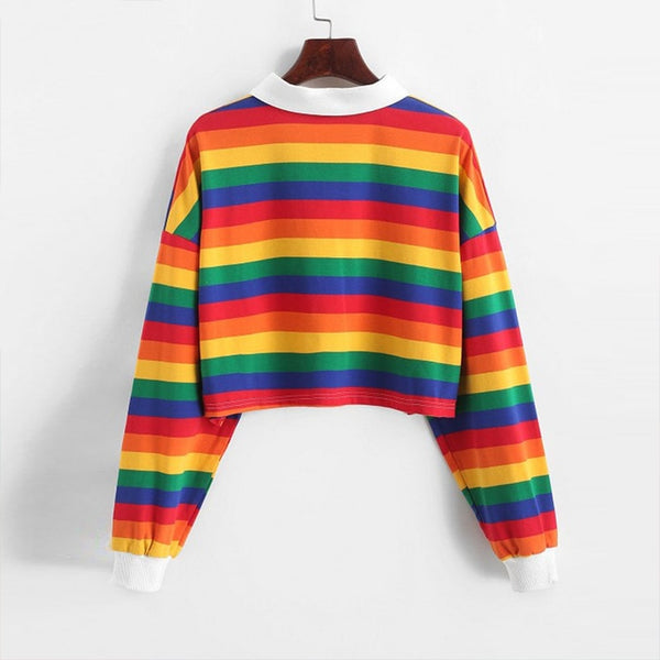 QRWR 2020 Polo Shirt Women Sweatshirt Long Sleeve Rainbow Color Ladies Hoodies With Button Striped Korean Style Sweatshirt Women
