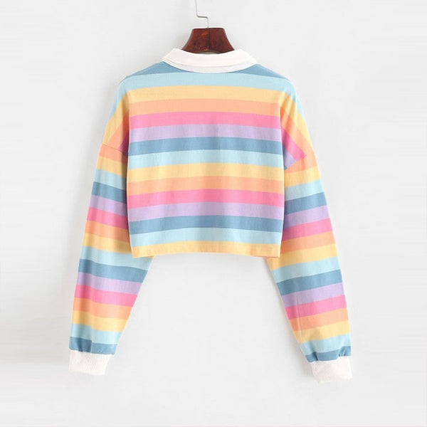 QRWR 2020 Polo Shirt Women Sweatshirt Long Sleeve Rainbow Color Ladies Hoodies With Button Striped Korean Style Sweatshirt Women